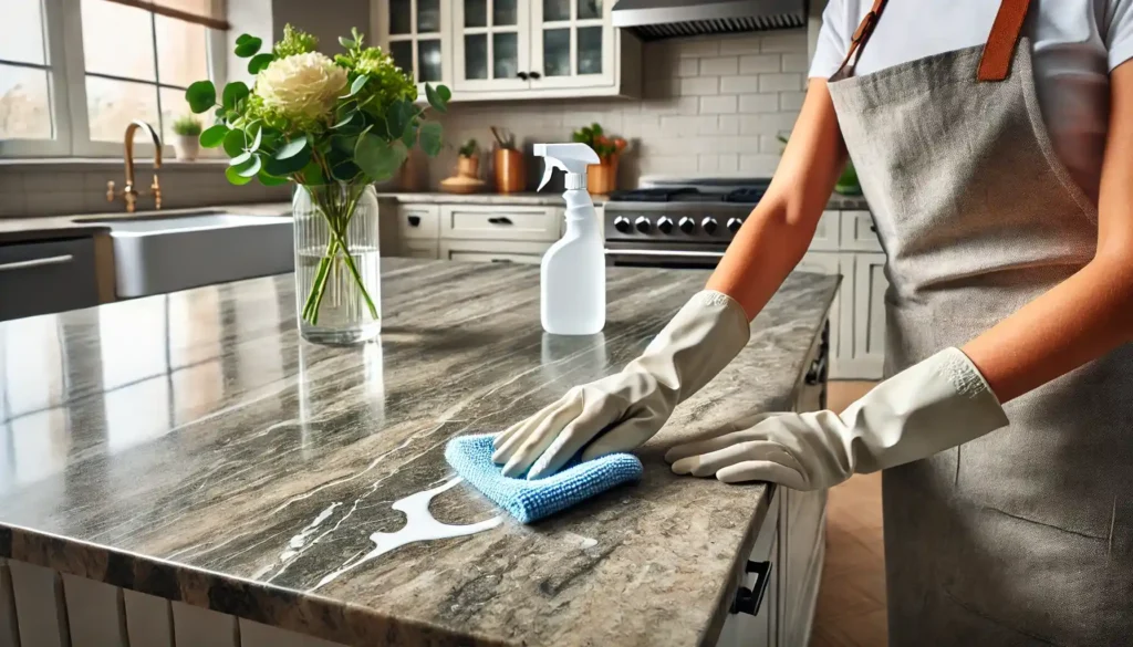 Person wiping a quartzite countertop with a soft cloth and mild soap solution, demonstrating proper cleaning techniques