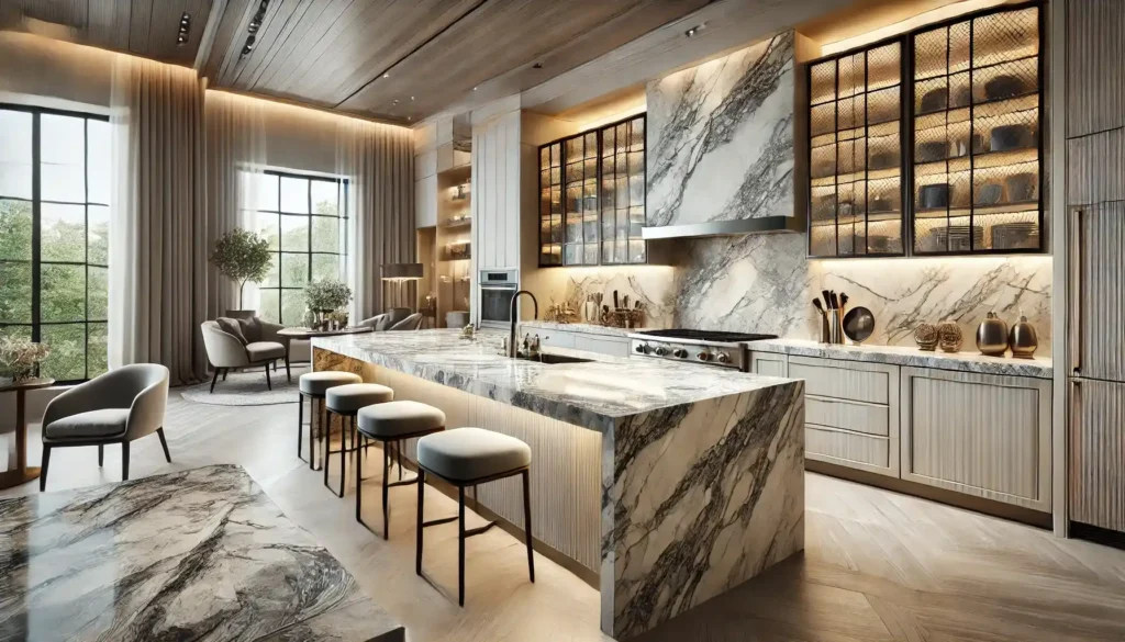 A modern kitchen featuring EXQ Kitchen and Bath's quartzite countertops, showcasing the stone's natural veining and polished finish.