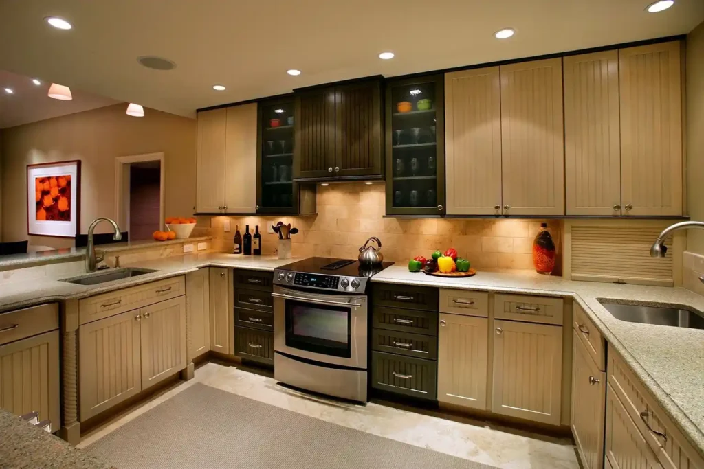 A kitchen showcasing freshly refinished wooden cabinets, illustrating the cost-effective transformation achievable through refinishing.