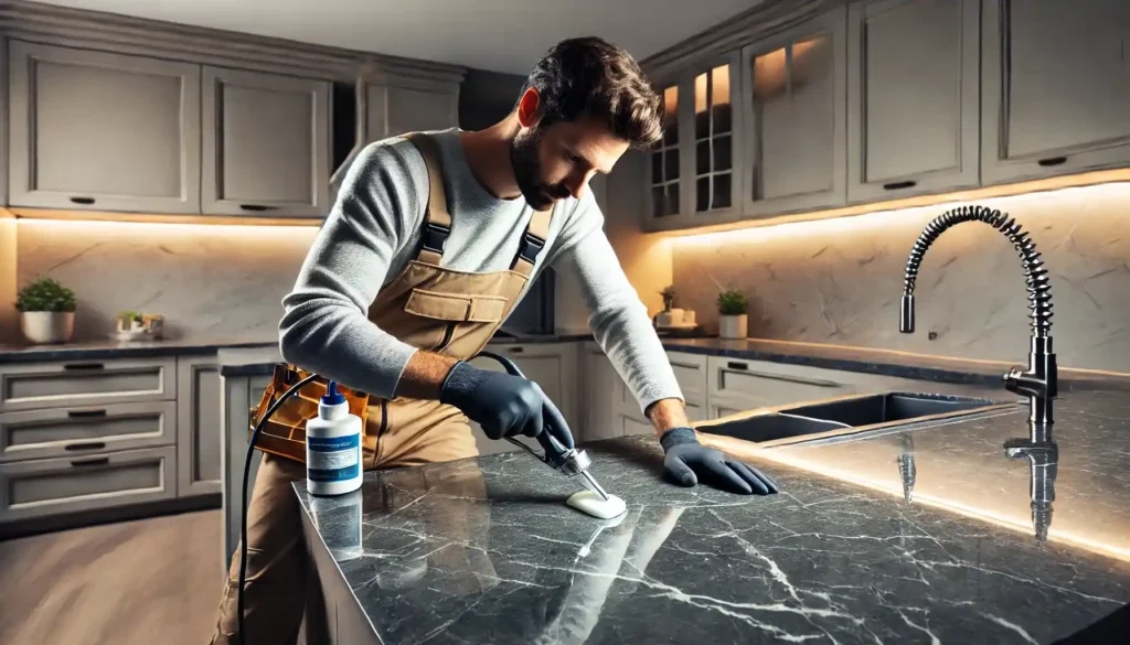 Person applying a high-quality stone sealer to a quartzite surface, emphasizing the importance of regular maintenance for longevity.